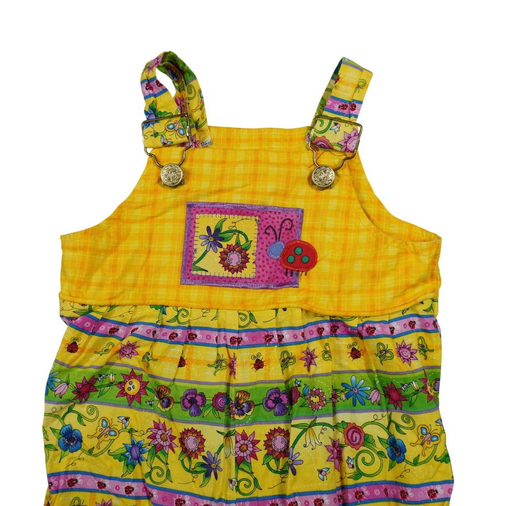 Logan Designs Kids Yellow Floral Ladybug Plaid Cotton Romper Handmade USA 24M - Picture 2 of 7